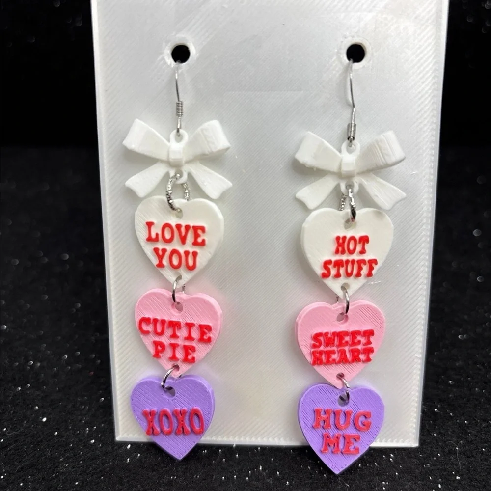 Conversation Heart Dangle Earrings with White Bows
